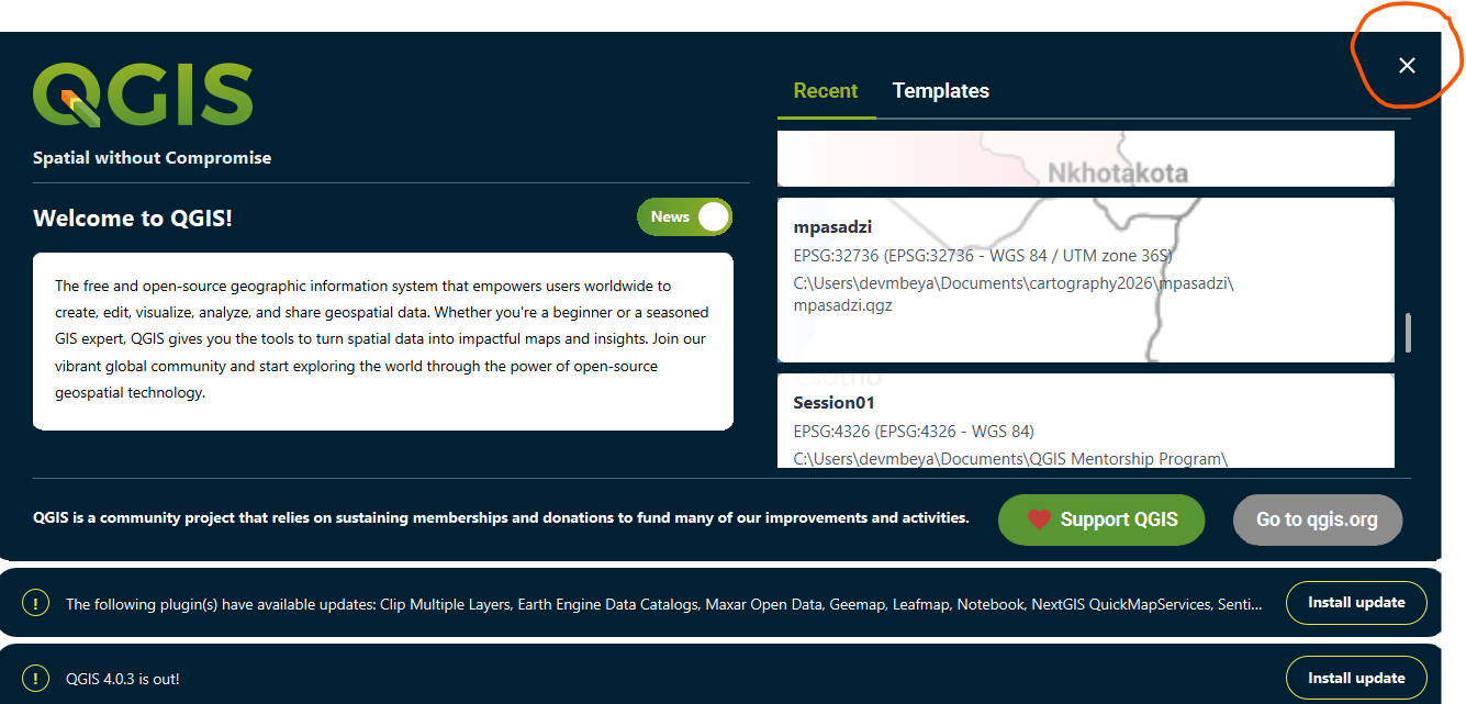 QGIS launch pop-up menu