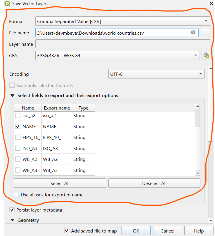 Save layer as csv